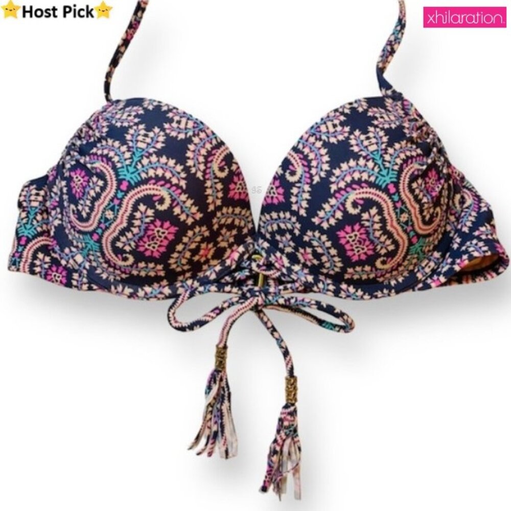 XHILARATION Boho Paisley Bikini Top – Tassels, Push-Up, Small NWOT